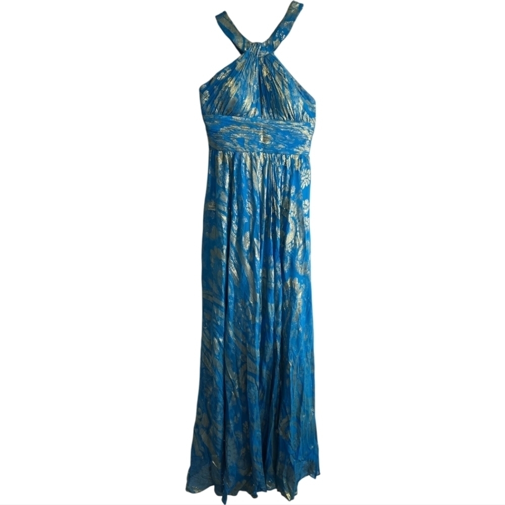 Aidan Mattox Foil Halter Neck Maxi Gown 6 Silk Metallic Blue With Gold Foil - Picture 2 of 8